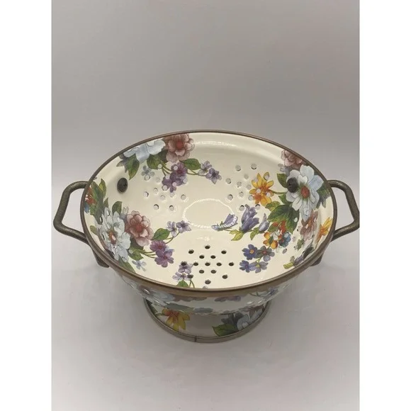MacKenzie Childs White Flower Market Enamelware Kitchen Colander Small Strainer - Picture 2 of 7